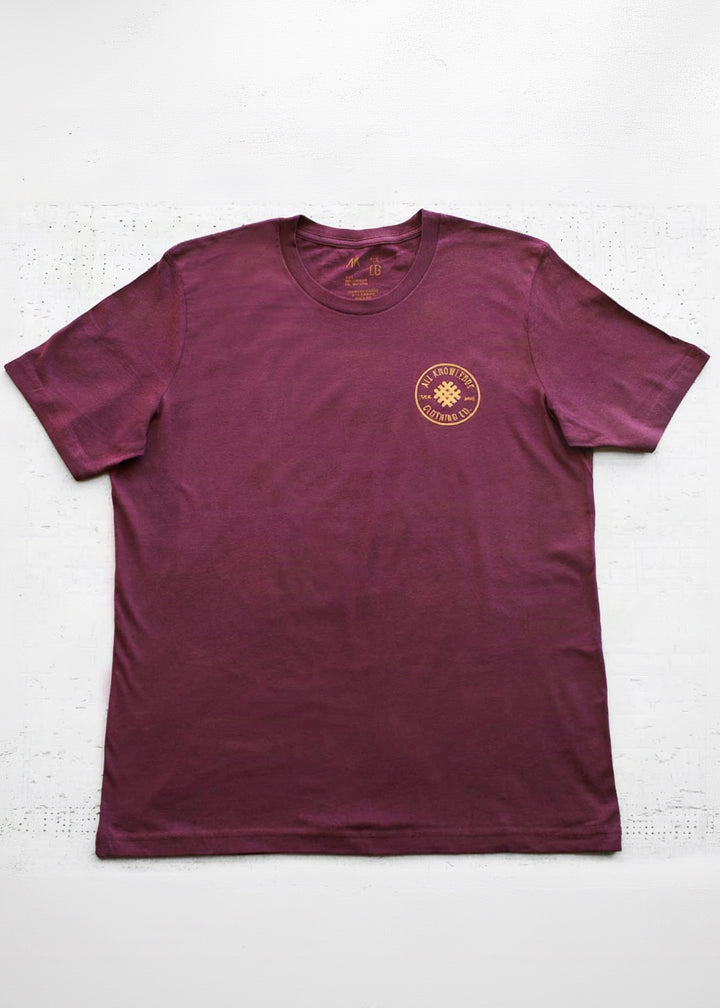 A maroon short-sleeve crewneck t-shirt by all knowledge