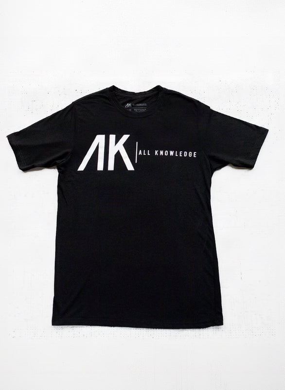A black short-sleeve t-shirt with a white graphic logo on the chest reading 'AK ALL THE ENEMY'S' against a light gray background.