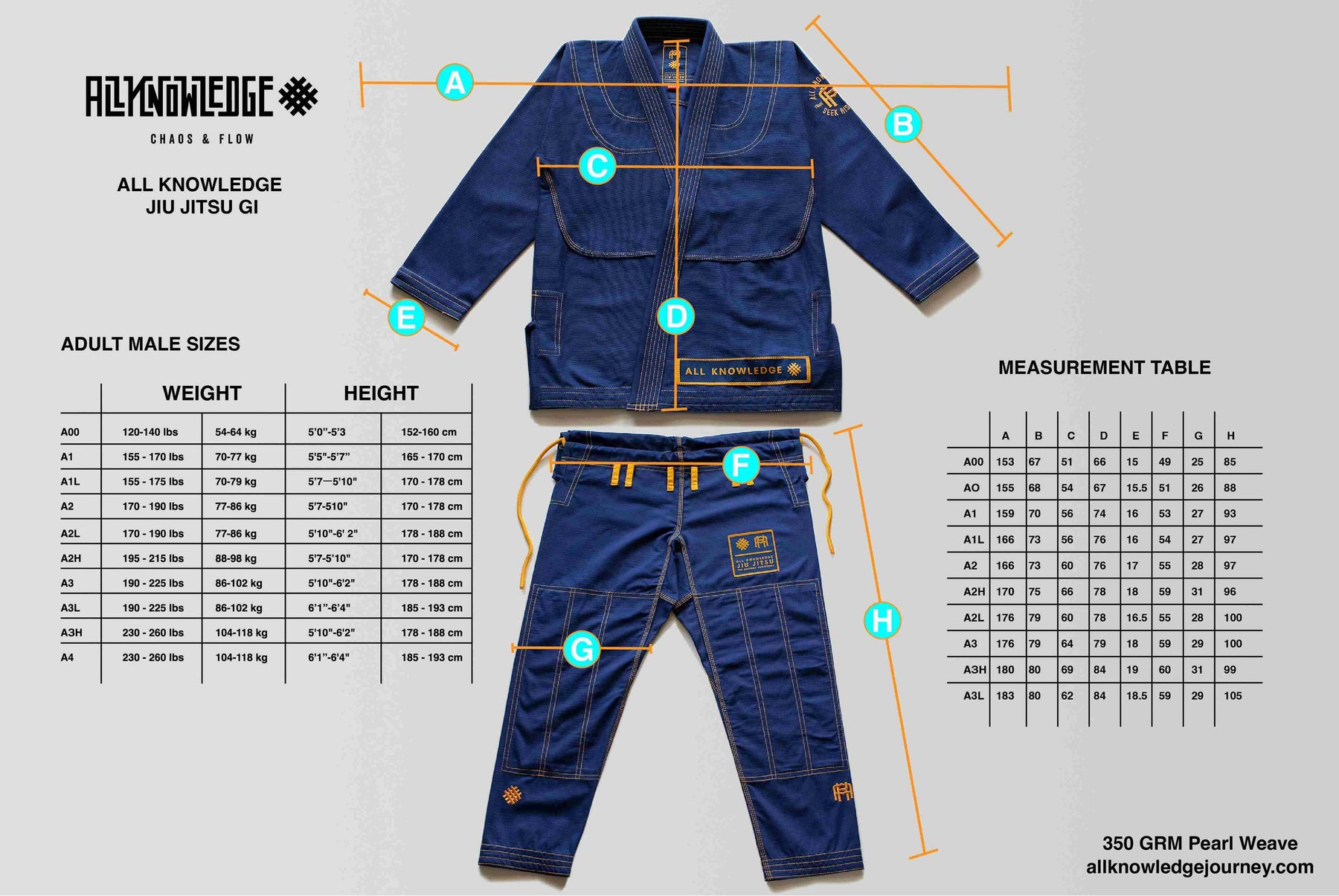 All Knowledge Classic Jiu Jitsu White Gi size chart