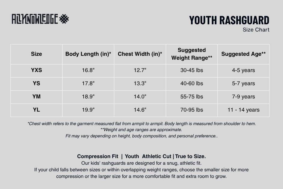 AK Youth Ranked Jiu-Jitsu Rashguard - Gray size chart